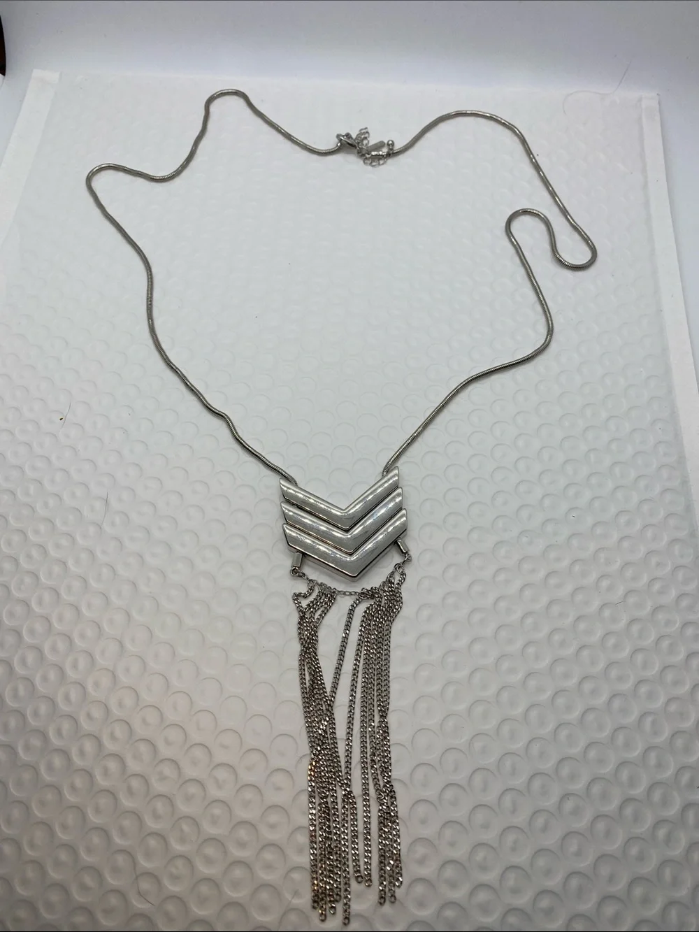 Lane Bryant Silver Tone Chevron Fringe Pendant Necklace-Long Statement Necklace